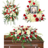 Funeral floral tributes with red and white flowers around a casket and framed photo