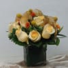 ivory long stem roses in a clear glass cube 