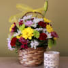 White and yellow  daisy mums, green buttons mums in a brown