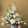 all with sympathy arrangement,.Gladiolus, Roses, Casa Blanca lily's, queen Ann lace, bells