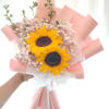 Bouquet of two sunflowers with pink baby's breath wrapping