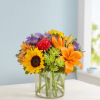 Mixed bouquet with sunflowers, lilies, and purple daisies in a glass vase