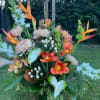 Tropical floral arrangement with orange birds of paradise and coral blooms in a green vase