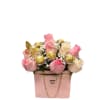 10 LIGHT PINK ROSES AND WHITE ROSES
5 FERRO ROCHER CHOCOLATE 
PINK BAG