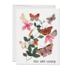 Greeting card with colorful butterflies around pink flowers and text You Are Loved.