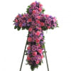 Cross-shaped floral standing spray with purple and pink flowers