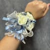 White spray roses With Dusty blue baby breath , Dusty blue and
