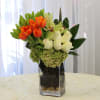 Orange tulips and white roses in a tall glass vase