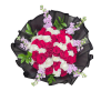 Bouquet of red and white roses with light purple accents wrapped in black paper
