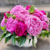 Pink peonies arranged in a white container