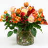 Orange and cream tulips with red berries in a glass vase