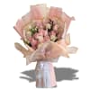 A lush cluster of pink and white roses in a rounded, hand-tied