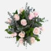 1 dozen soft pink roses filled with eucalyptus and salal, wrapped in