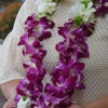 Purple and white orchid lei worn around a person’s neck and held in their hands