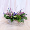 Purple iris arrangement in a wooden box with pink filler flowers