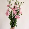 Handheld bundle of tall pink lisianthus stems against a plain light background