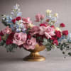Pink and red rose arrangement in a gold pedestal vase with blue flowers