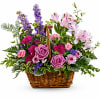 Lavender roses, pink lilies and white carnations with asters in a rectangular