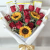Bouquet of red roses and sunflowers wrapped in white paper