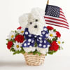 This floral arrangement is designed to look like a cheerful white puppy
