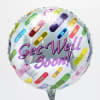 A shiny silver round mylar balloon that reads "Get Well Soon!" in