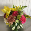 Mixed bouquet with pink roses, yellow lilies, and chrysanthemums