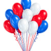 12- 12in red, silver, and royal blue balloons all tied to a