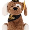 Large and cuddly dog plush with soft brown and white fur
Wears a