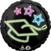 A standard sized black mylar with neon sign style cap and stars