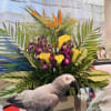 This arrangement is luxurious tropical composition filled with movement, texture, and vibrant