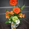 Bright orange gerbera daisies pop above a cheerful cluster of orange alstroemeria