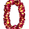 Hawaiian-style flower lei with deep pink petals and yellow centers