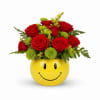 Bright primary colors and a playful smiley face make this compact flower