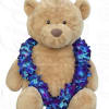 Tan teddy bear wearing a blue and purple flower lei