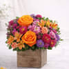 A bold and vibrant garden-style arrangement featuring bright orange roses, cheerful pink