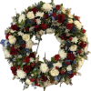 Stunning wreath of red, white and blue flowers