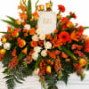 A centered Holy Bible framed by a cascade of orange, white, pink