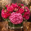 A bold and romantic luxury arrangement featuring premium hot pink roses, lush