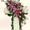 A tall standing sympathy spray that reads as a graceful tribute, the