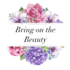 Floral graphic with pink and purple blooms around the words 