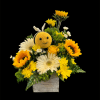 Sunflower and daisy arrangement with a crocheted bee in a wooden box