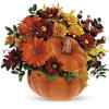 Pumpkin-shaped vase with orange and burgundy flowers