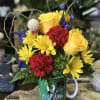 Perfect for Father's Day, Mug with Yellow roses, Red carnations, daisies, blue
