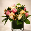A refined luxury arrangement featuring premium pink, ivory, and soft champagne roses