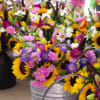 Buckets of mixed bouquets with sunflowers and pink-purple flowers