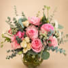 Flowers: pink xpression garden roses, white spray roses, pink ranunculus, frutetto roses