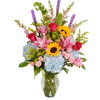 Fan-style floral design, with a variety of colors from pastels to vibrant