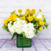 Yellow roses and white hydrangeas in a green square vase