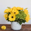 Yellow roses and gerbera daisies arranged in a white vase