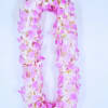 A lush double orchid lei woven from densely strung pink and white